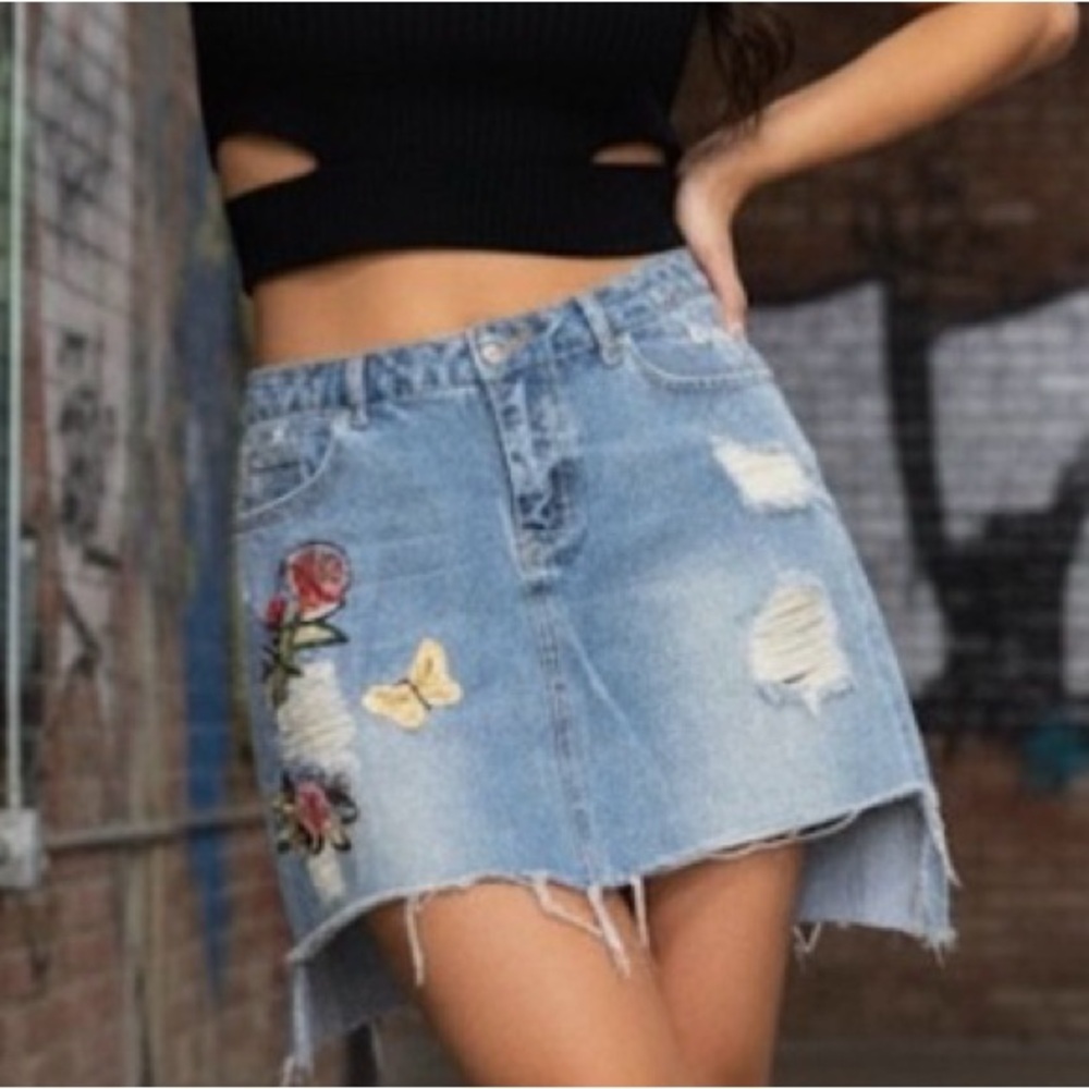 85# Embroidered Distressed Denim Asymmetrical Mini Skirt